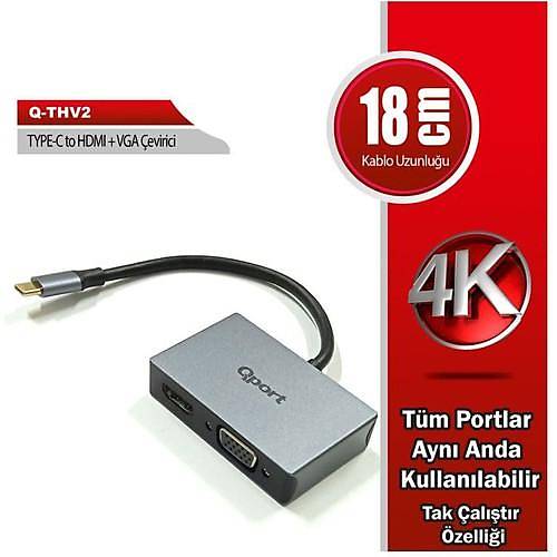 Qport Q-THV2 USB Type C to HDMI VGA USB Ekran Kart Adaptr