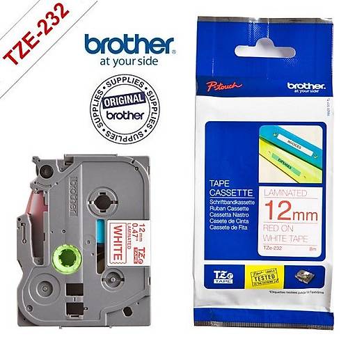 Brother P-Touch TZE-232 12mm 8Mt Beyaz zerine Krmz Laminasyonlu Etiket