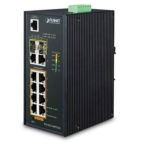 Planet PL-IGS-4215-8P2T2S 8 Port Gigabit PoE+ 2 port 10/100T 2 Port SFP 240W PoE Endstriyel PoE Switch