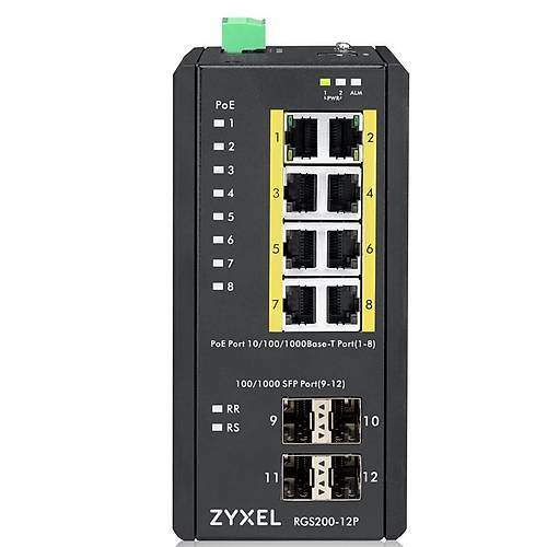 Zyxel RGS200-12P-ZZ0101F 8 Port Gigabit PoE 4 Port SFP Ynetilebilir Endstriyel poE Switch