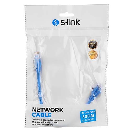 S-Link SL-CAT6030BL 0.30 Mt UTP CAT6 AWG24 Mavi Patch Cord Kablo