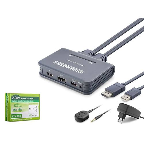 Hadron HDX1427 HDX1427 DisplayPort KVM Switch 2 Console USB Harici Butonlu Dahili Kablolu 2 DP Siyah