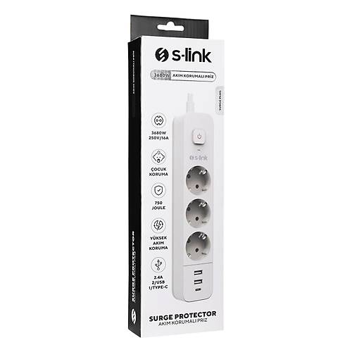 S-Link SPG03TC 1.5 Mt Kablou 3 l� 2x USB 5v 2.4A 100% Bak�r 750 Joule Anahtarl� Beyaz Ak�m Korumal� Priz