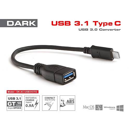 Dark DK-CB-USB31OTG USB 3.0 to USB 3.1 Type C USB Dişi-Erkek OTG Data Kablosu