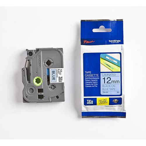 Brother TZE-531 P-Touch 12mm Mavi zeri Siyah Laminasyonlu Etiket