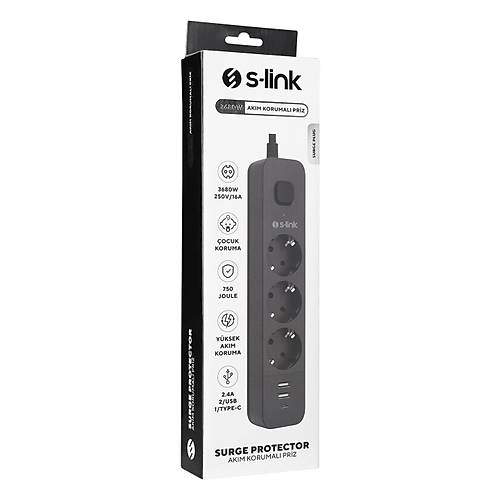 S-Link SPG03U 1.5 Mt Kablou 3 l� 2x USB 5v 2.4A 100% Bak�r 750 Joule Anahtarl� Siyah Ak�m Korumal� Priz