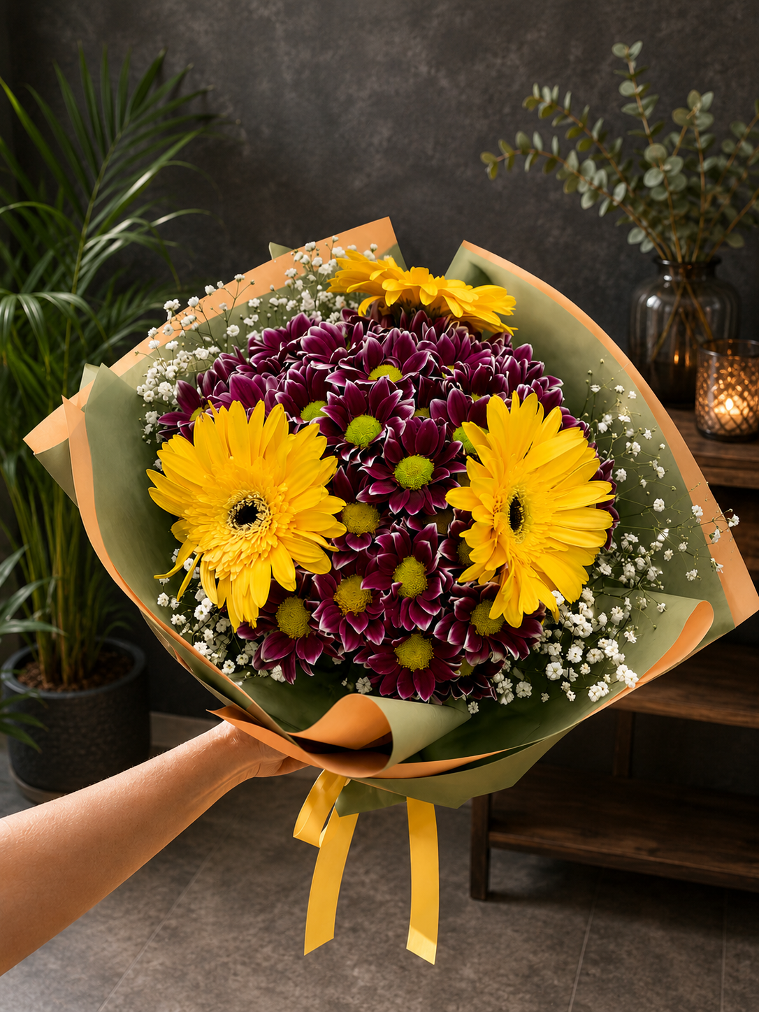 Marmaris Gün Batımı Buketi | Sarı Gerbera ve Mor Krizantem Buketi