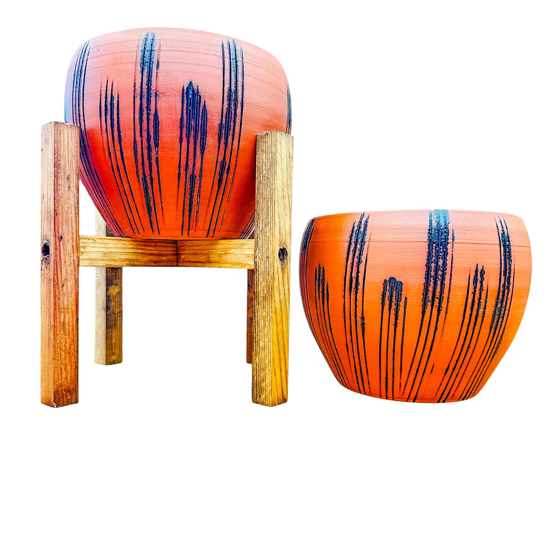 Bitki Tasarımı Siyah Çizgi Desenli Terrakota Toprak Saksı Saksılık Salon Çiçeklik İkili Set Ayaksız - 4 Ayaklı- 15 Cm