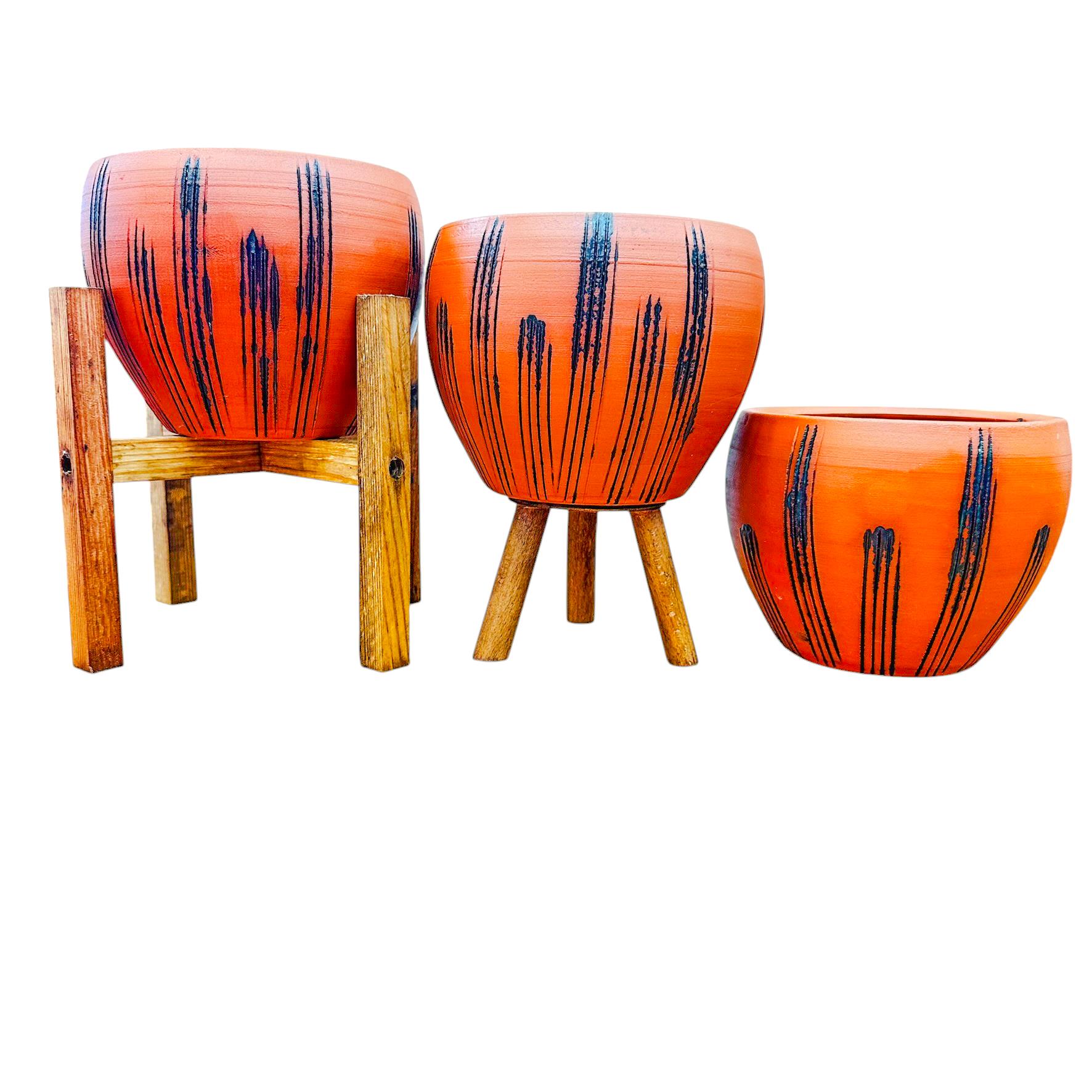 Bitki Tasarımı siyah Çizgi Desenli Terrakota Toprak Saksı Saksılık Salon Çiçeklik Üçlü Set - 15 Cm
