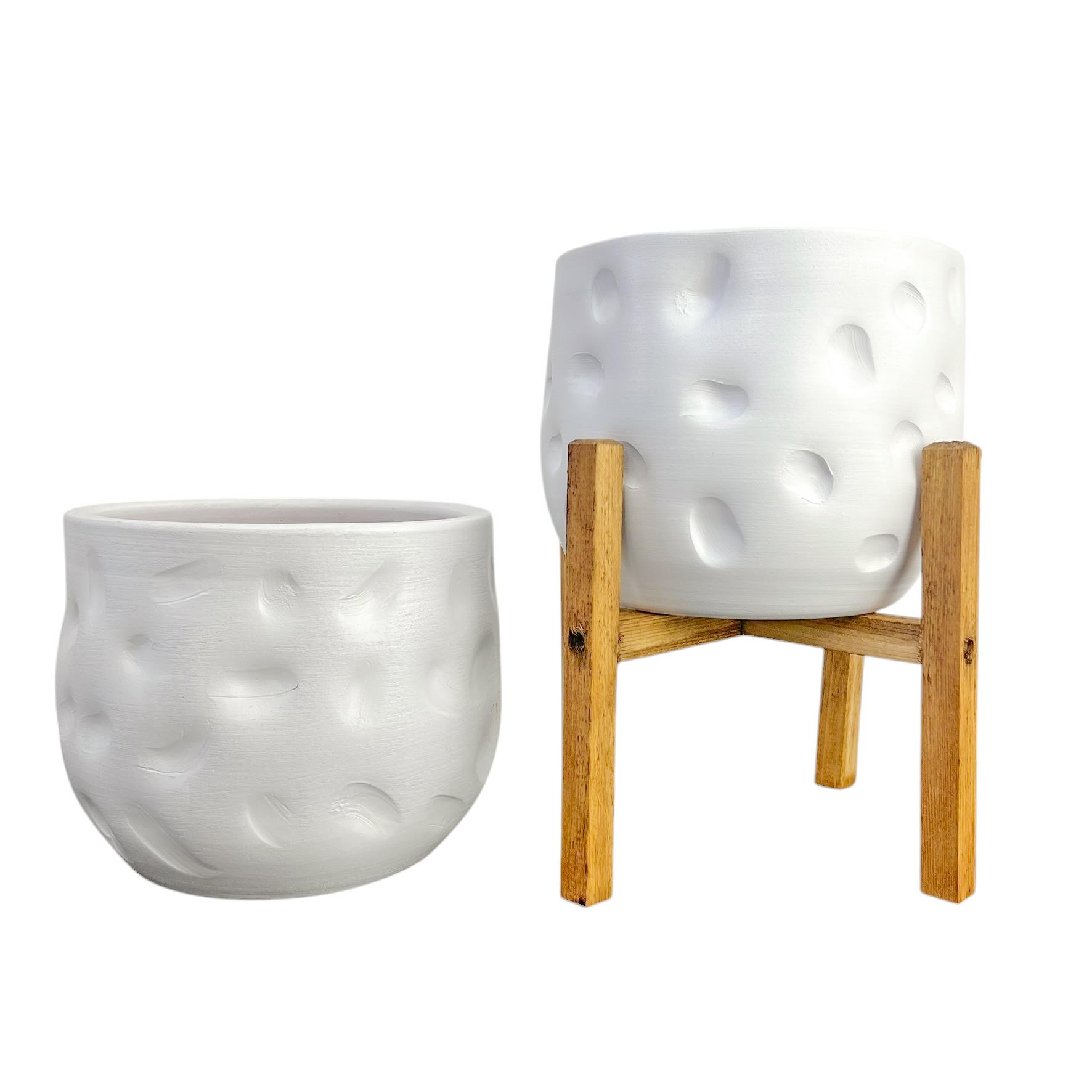 Bitki Tasarımı Ev Dekorasyon Aksesuar Beyaz Desenli Toprak Saksı Saksılık Salon Çiçeklik İkili Set Ayaksız - 4 Ayaklı 19 CM