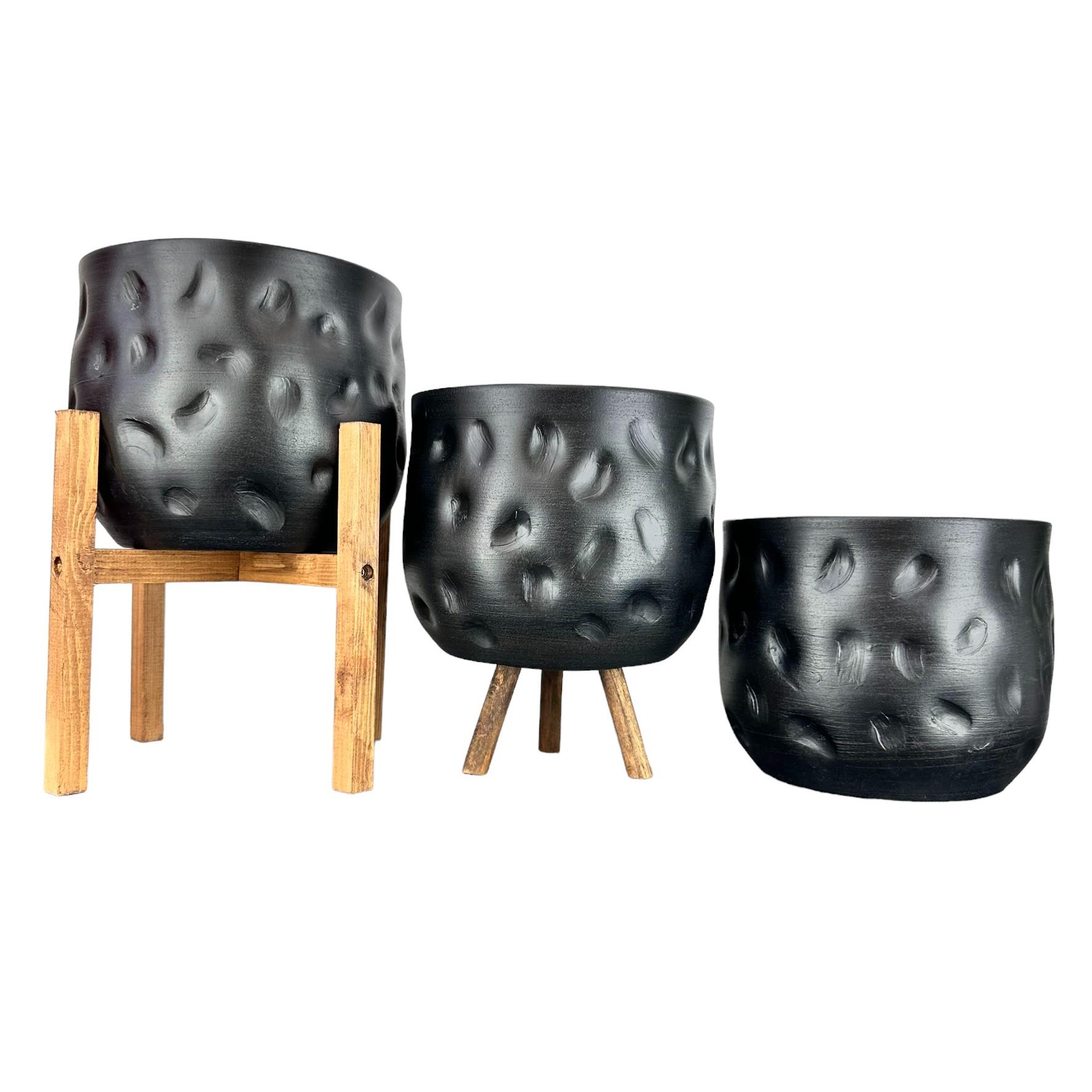 Bitki Tasarımı Ev Dekorasyon Aksesuar Siyah Desenli Toprak Saksı Saksılık Salon Çiçeklik Üçlü Set 19 CM