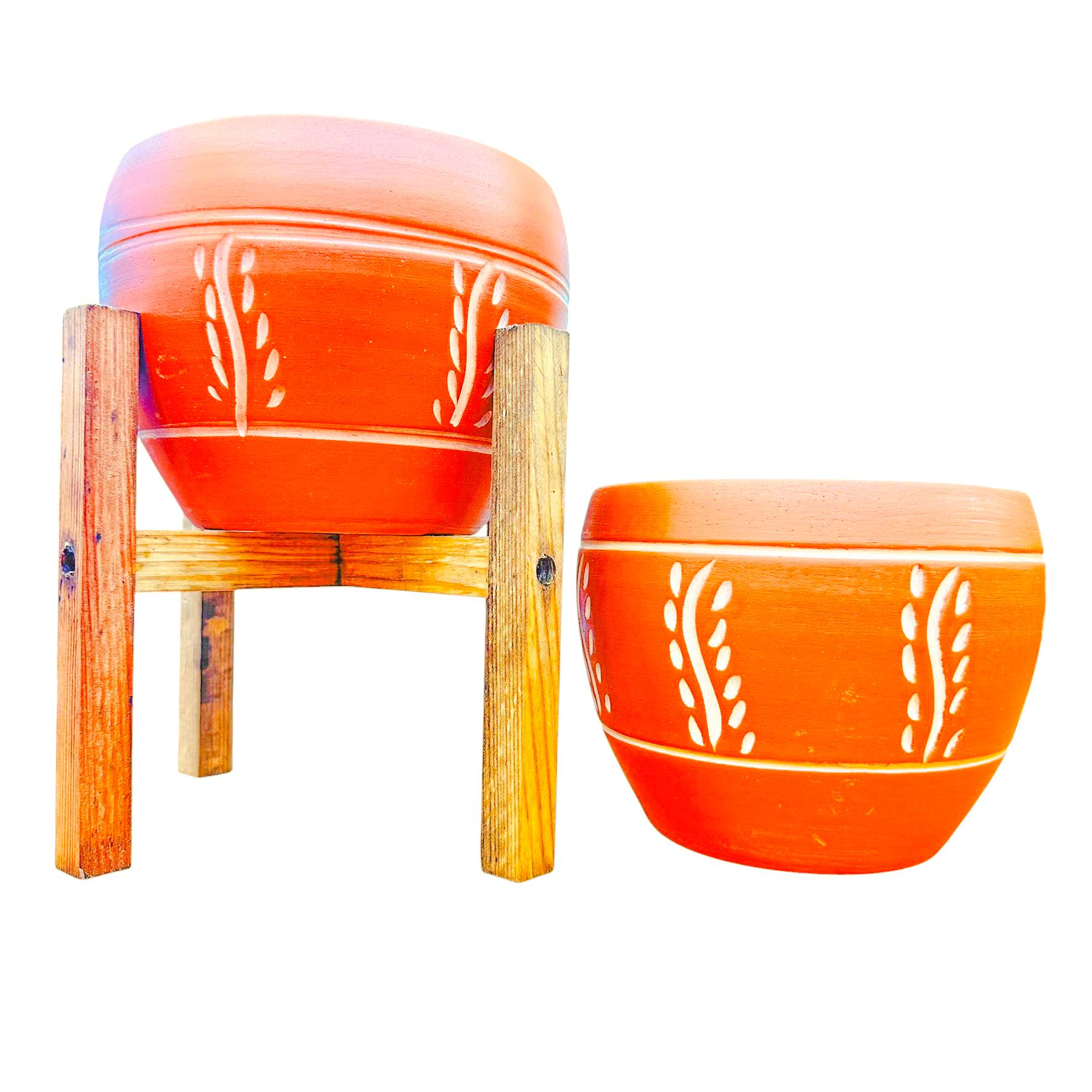 Bitki Tasarımı Nakış Desenli Terrakota Toprak Saksı Saksılık Salon Çiçeklik İkili Set Ayaksız - 4 Ayaklı- 15 Cm