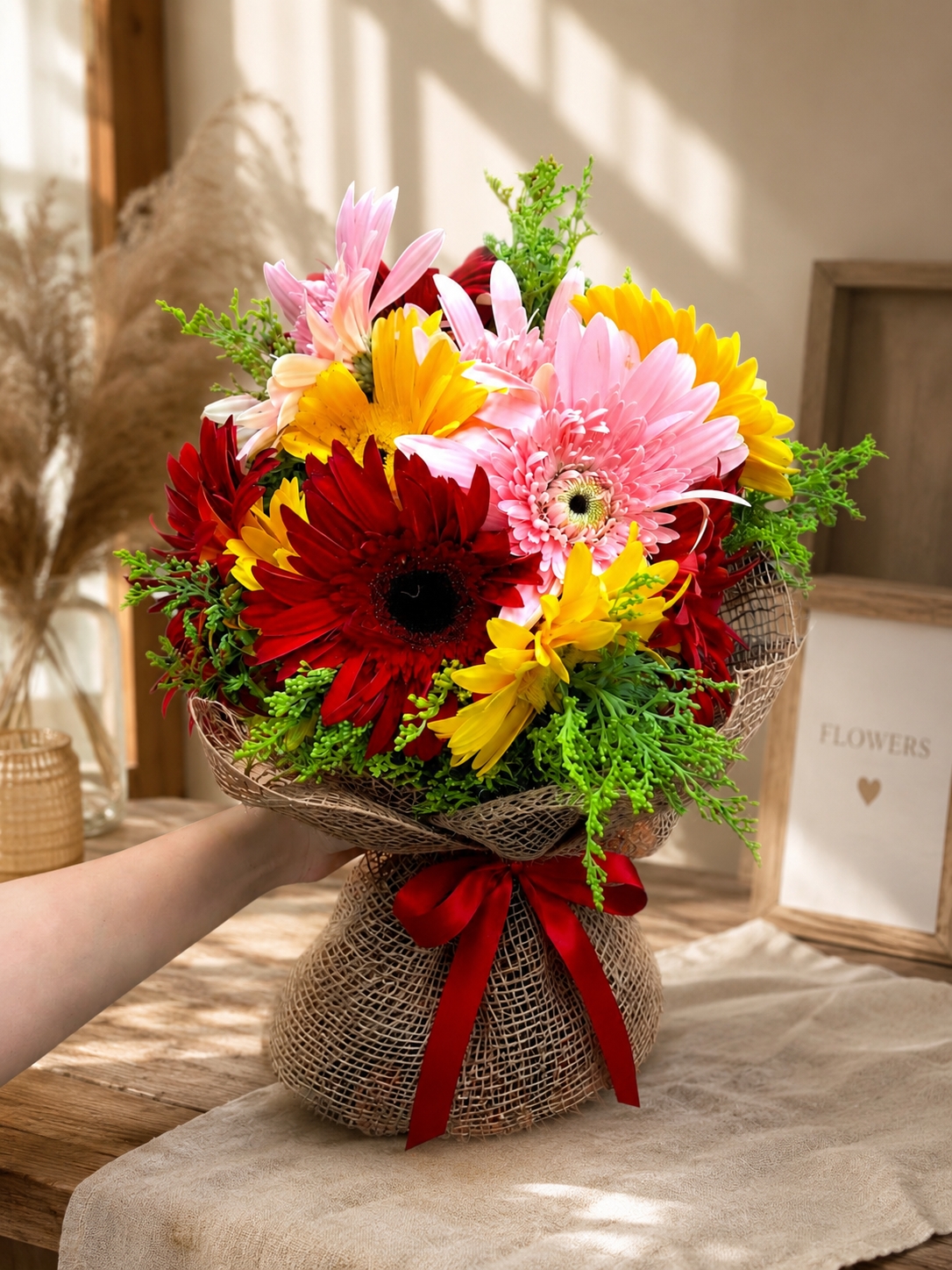 Doğal Ambalajlı Renk Cümbüşü Gerbera Buketi