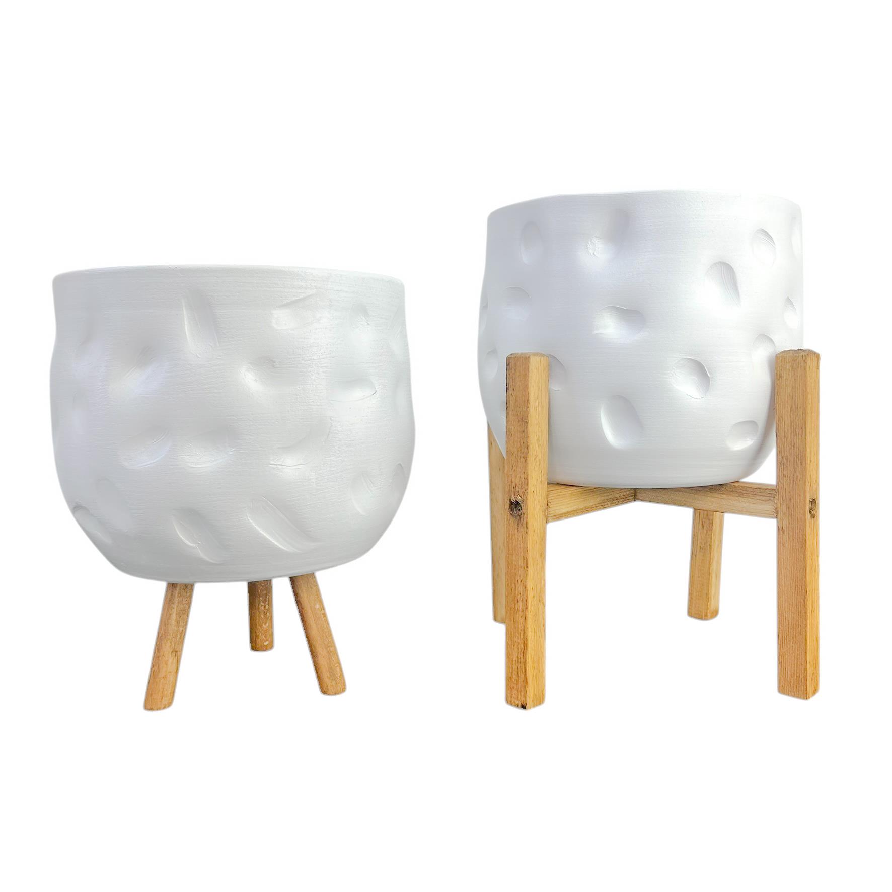 Bitki Tasarımı Ev Dekorasyon Aksesuar Beyaz Desenli Toprak Saksı Saksılık Salon Çiçeklik İkili Set 3-4 Ayaklı 19 CM