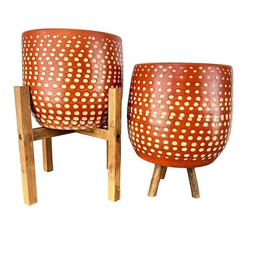 Bitki Tasarımı Beyaz Nokta Desenli Toprak Saksı Saksılık Salon Çiçeklik İkili Set 3 Ayaklı- 4 Ayaklı- 19 CM