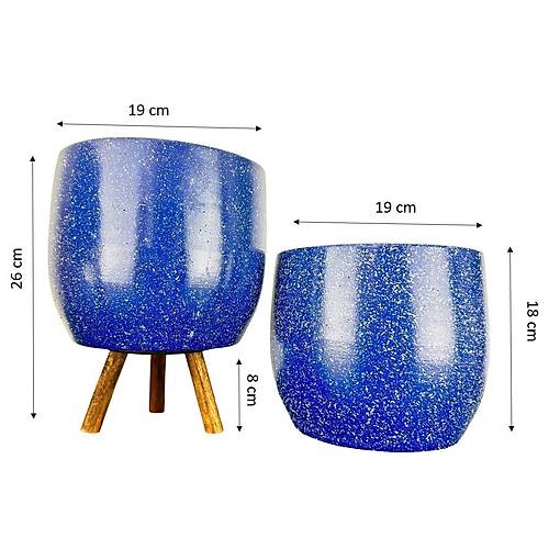 Bitki Tasarımı Lacivert Granit Toprak Saksı Saksılık Salon Çiçeklik İkili Set Ayaksız - 3 Ayaklı- 19 CM