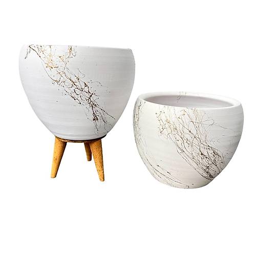 Bitki Tasarımı Beyaz Üzeri Gold Mermer Efektli Toprak Saksı Saksılık Salon Çiçeklik İkili Set Ayaksız - 3 Ayaklı- 15 Cm
