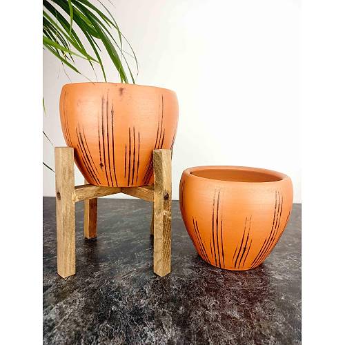 Bitki Tasarımı Siyah Çizgi Desenli Terrakota Toprak Saksı Saksılık Salon Çiçeklik İkili Set Ayaksız - 4 Ayaklı- 15 Cm