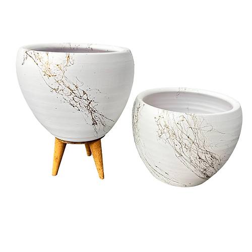 Bitki Tasarımı Beyaz Üzeri Gold Mermer Efektli Toprak Saksı Saksılık Salon Çiçeklik İkili Set Ayaksız - 3 Ayaklı- 15 Cm