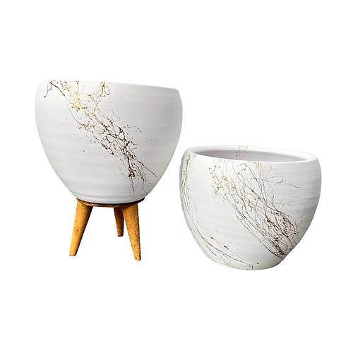 Bitki Tasarımı Beyaz Üzeri Gold Mermer Efektli Toprak Saksı Saksılık Salon Çiçeklik İkili Set Ayaksız - 3 Ayaklı- 15 Cm