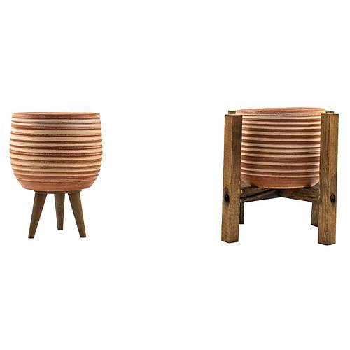 Beyaz Çizgi Desenli Terakota Toprak Saksı Saksılık Salon Çiçeklik Set 3 Ayaklı, 4 Ayaklı 12 Cm
