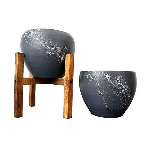 Bitki Tasarımı Gri Üzeri Beyaz Mermer Efektli Toprak Saksı Saksılık Salon Çiçeklik İkili Set Ayaksız - 4 Ayaklı- 15 Cm