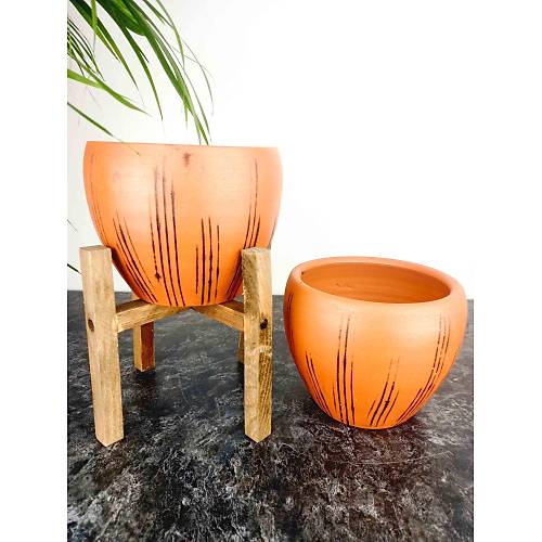 Bitki Tasarımı Siyah Çizgi Desenli Terrakota Toprak Saksı Saksılık Salon Çiçeklik İkili Set Ayaksız - 4 Ayaklı- 15 Cm