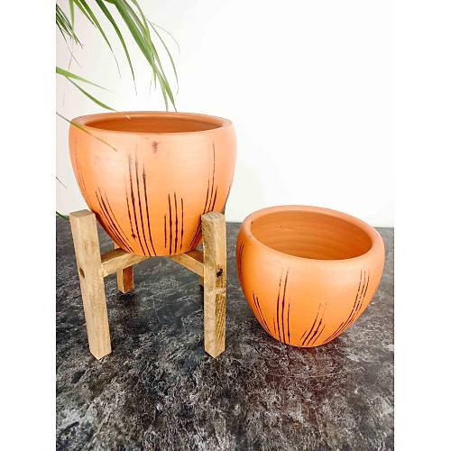 Bitki Tasarımı Siyah Çizgi Desenli Terrakota Toprak Saksı Saksılık Salon Çiçeklik İkili Set Ayaksız - 4 Ayaklı- 15 Cm