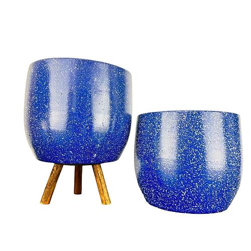 Bitki Tasarımı Lacivert Granit Toprak Saksı Saksılık Salon Çiçeklik İkili Set Ayaksız - 3 Ayaklı- 19 CM