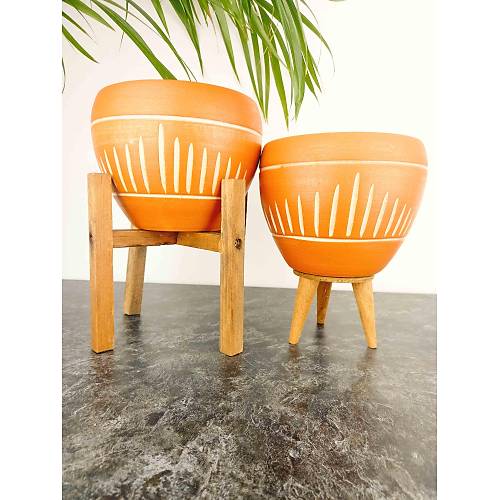 Bitki Tasarımı Dik Çizgi Desenli Terrakota Toprak Saksı Saksılık Salon Çiçeklik İkili Set 3 Ayaklı- 4 Ayaklı- 15 Cm