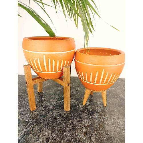 Bitki Tasarımı Dik Çizgi Desenli Terrakota Toprak Saksı Saksılık Salon Çiçeklik İkili Set 3 Ayaklı- 4 Ayaklı- 15 Cm