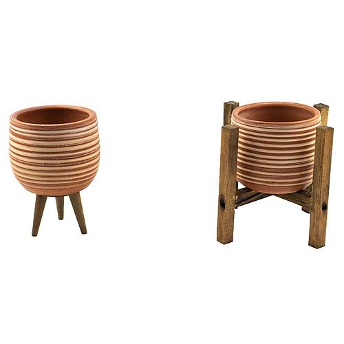 Beyaz Çizgi Desenli Terakota Toprak Saksı Saksılık Salon Çiçeklik Set 3 Ayaklı, 4 Ayaklı 12 Cm