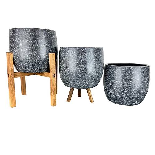 Bitki Tasarımı Gri Granit Toprak Saksı Saksılık Salon Çiçeklik Üçlü Set- 19 CM