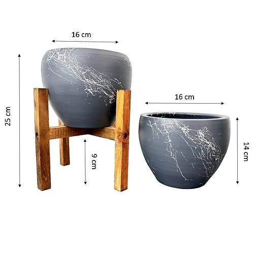 Bitki Tasarımı Gri Üzeri Beyaz Mermer Efektli Toprak Saksı Saksılık Salon Çiçeklik İkili Set Ayaksız - 4 Ayaklı- 15 Cm