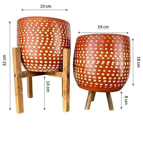 Bitki Tasarımı Beyaz Nokta Desenli Toprak Saksı Saksılık Salon Çiçeklik İkili Set 3 Ayaklı- 4 Ayaklı- 19 CM