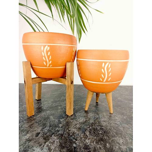 Bitki Tasarımı Nakış Desenli Terrakota Toprak Saksı Saksılık Salon Çiçeklik İkili Set 3 Ayaklı- 4 Ayaklı- 15 Cm