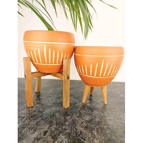 Bitki Tasarımı Dik Çizgi Desenli Terrakota Toprak Saksı Saksılık Salon Çiçeklik İkili Set 3 Ayaklı- 4 Ayaklı- 15 Cm