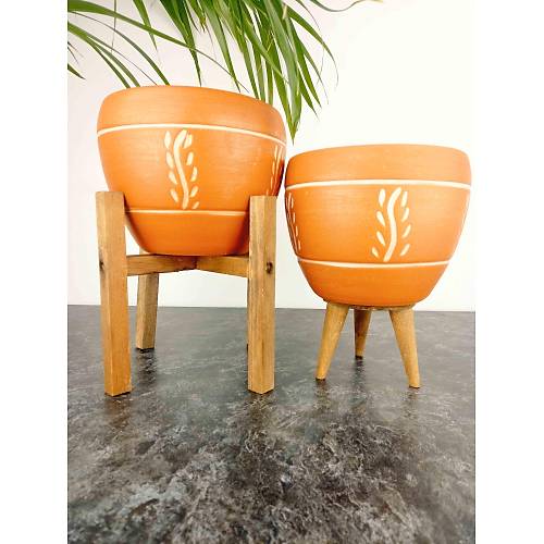 Bitki Tasarımı Nakış Desenli Terrakota Toprak Saksı Saksılık Salon Çiçeklik İkili Set 3 Ayaklı- 4 Ayaklı- 15 Cm