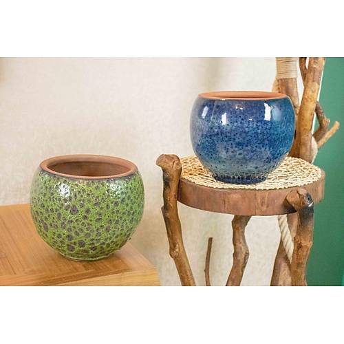 Bitki Tasarımı Yeşil Şekilli Ve Okyanus Mavisi Artistik Çift Sırlı İç Ve Dış Mekan Kullanımlı Toprak Terrakota Saksı Saksılık Salon Çiçeklik İkili Set