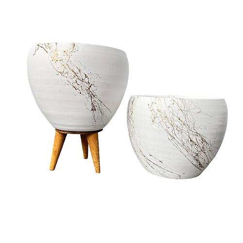 Bitki Tasarımı Beyaz Üzeri Gold Mermer Efektli Toprak Saksı Saksılık Salon Çiçeklik İkili Set Ayaksız - 3 Ayaklı- 15 Cm