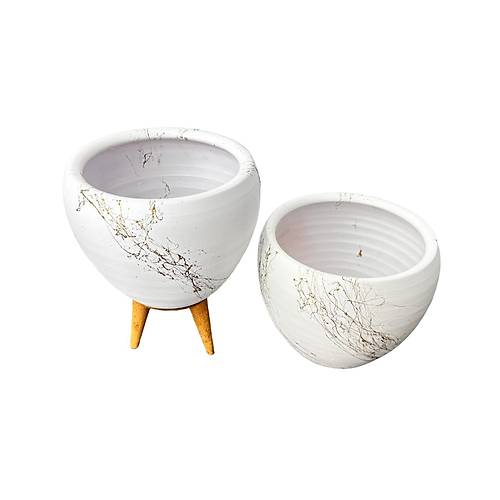 Bitki Tasarımı Beyaz Üzeri Gold Mermer Efektli Toprak Saksı Saksılık Salon Çiçeklik İkili Set Ayaksız - 3 Ayaklı- 15 Cm