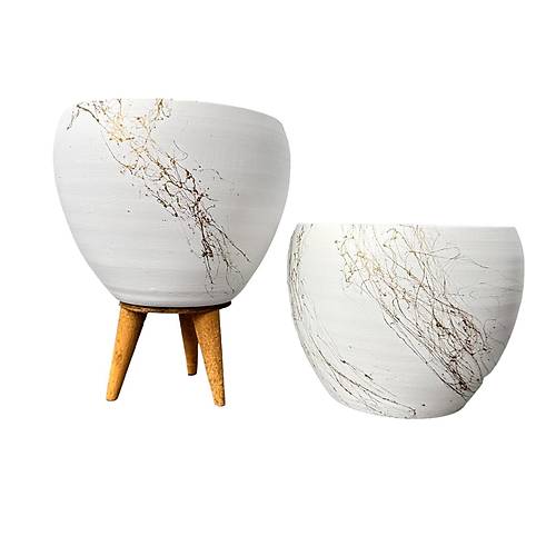 Bitki Tasarımı Beyaz Üzeri Gold Mermer Efektli Toprak Saksı Saksılık Salon Çiçeklik İkili Set Ayaksız - 3 Ayaklı- 15 Cm