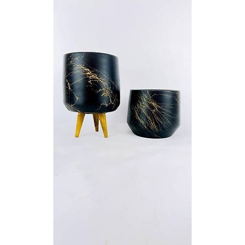 Bitki Tasarımı Siyah Üzeri Gold Keskin Hatlı Toprak Saksı Saksılık 15 cm İkili Set