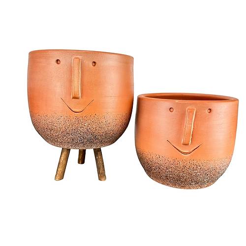 Bitki Tasarımı  Surat Desenli Toprak Saksı Saksılık Salon Çiçeklik İkili Set Ayaksız - 3 Ayaklı- 19 CM