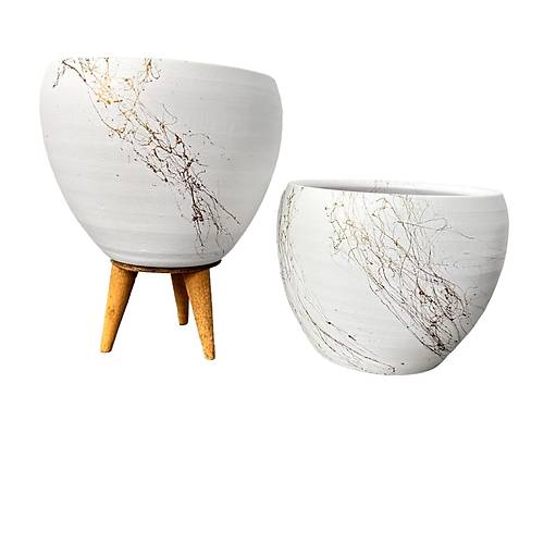 Bitki Tasarımı Beyaz Üzeri Gold Mermer Efektli Toprak Saksı Saksılık Salon Çiçeklik İkili Set Ayaksız - 3 Ayaklı- 15 Cm
