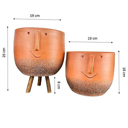 Bitki Tasarımı  Surat Desenli Toprak Saksı Saksılık Salon Çiçeklik İkili Set Ayaksız - 3 Ayaklı- 19 CM