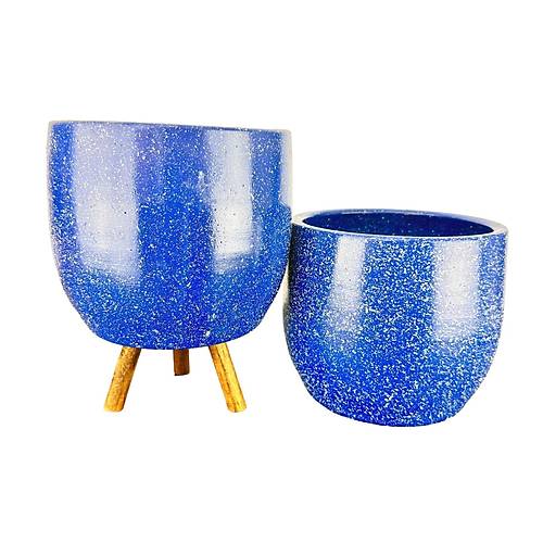 Bitki Tasarımı Lacivert Granit Toprak Saksı Saksılık Salon Çiçeklik İkili Set Ayaksız - 3 Ayaklı- 19 CM