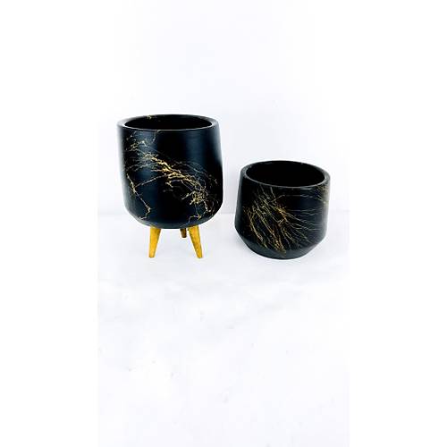 Bitki Tasarımı Siyah Üzeri Gold Keskin Hatlı Toprak Saksı Saksılık 15 cm İkili Set