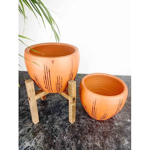 Bitki Tasarımı Siyah Çizgi Desenli Terrakota Toprak Saksı Saksılık Salon Çiçeklik İkili Set Ayaksız - 4 Ayaklı- 15 Cm