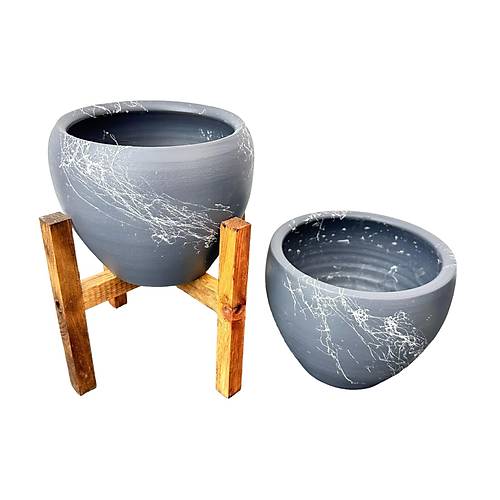 Bitki Tasarımı Gri Üzeri Beyaz Mermer Efektli Toprak Saksı Saksılık Salon Çiçeklik İkili Set Ayaksız - 4 Ayaklı- 15 Cm